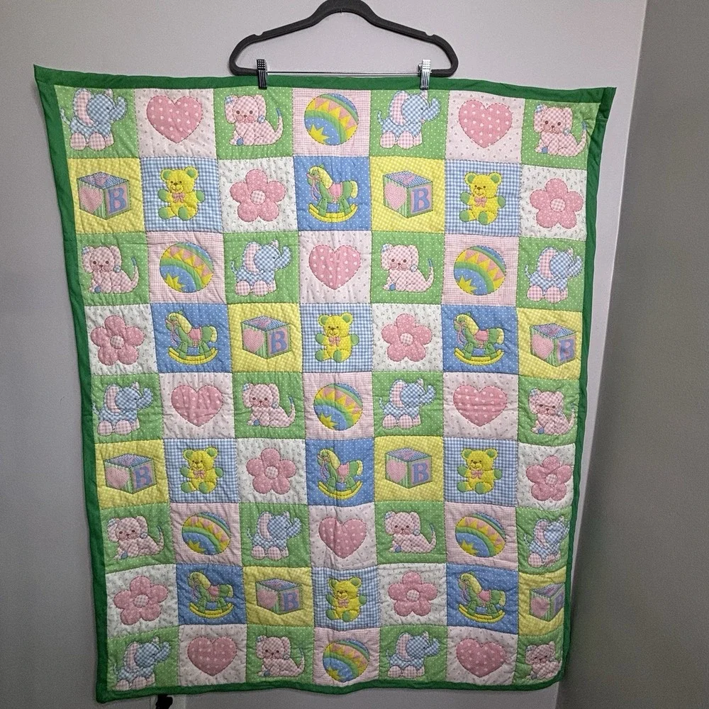 Vintage Pastel Hand Quilted Baby Blanket Blocks Animals Toys Flowers 53